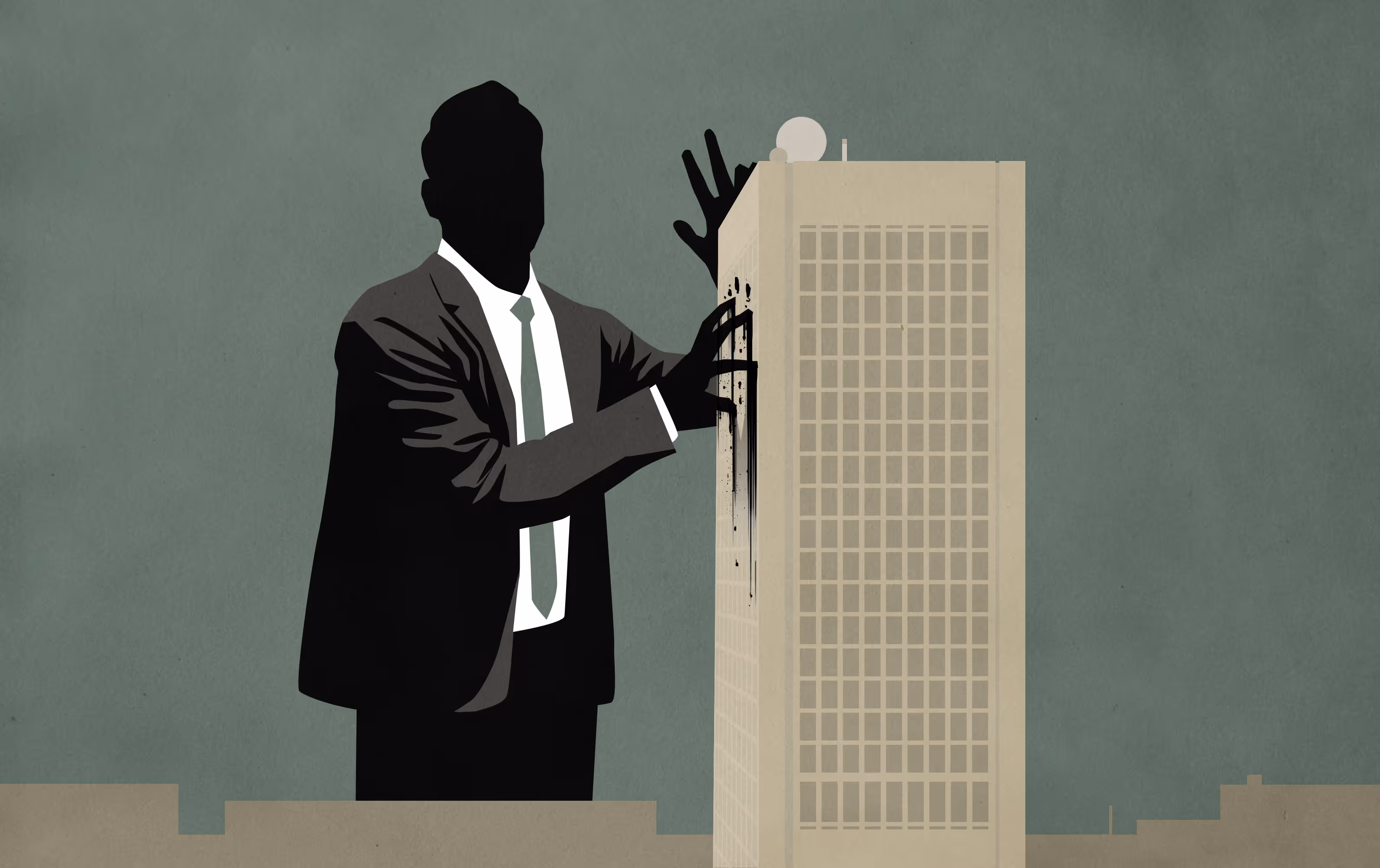 Editorial illustration of giant businessman silhouette leaving ink stains on a building he is claiming.