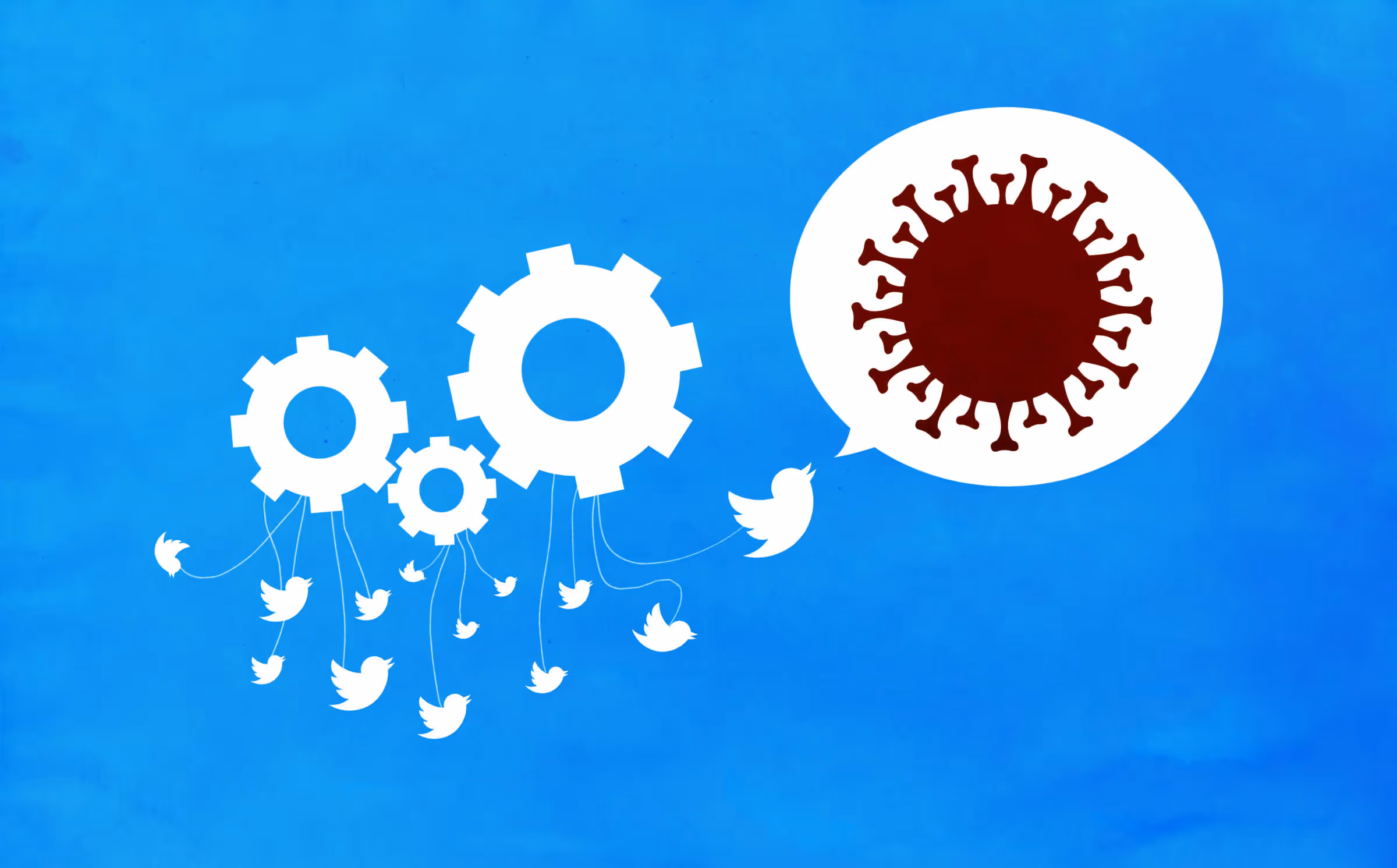 Twitter bird icons dangling from gears and speaking a COVID molecule.