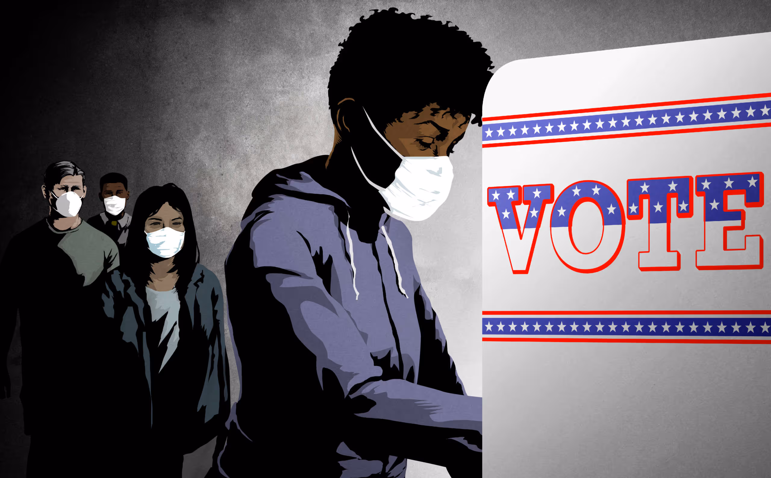 Editorial illustration of masked people in line to vote