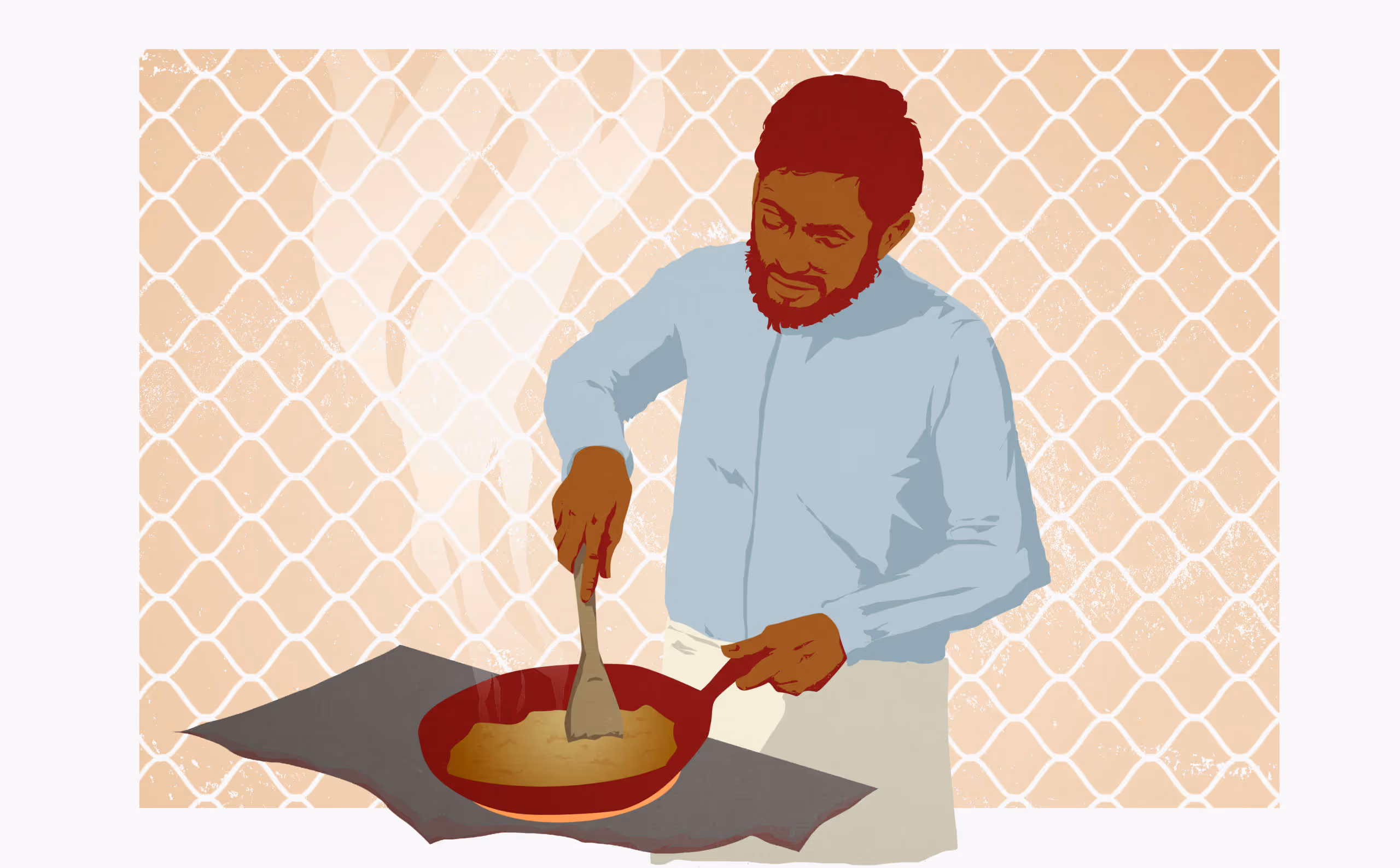 Editorial illustration of a man cooking with a prison fence backdrop