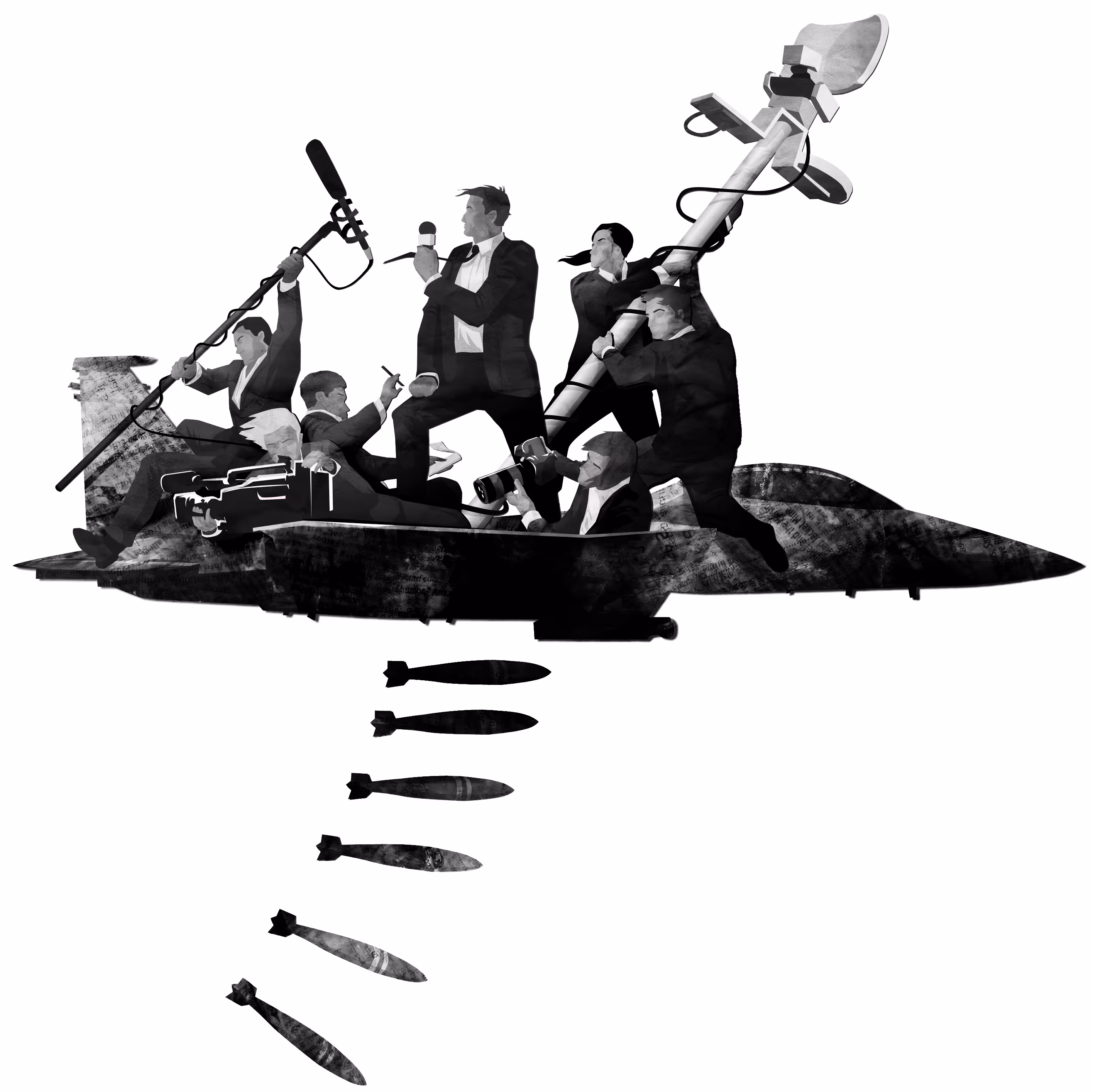 Illustration merging news media, The Crossing of the Delaware and modern militarism.