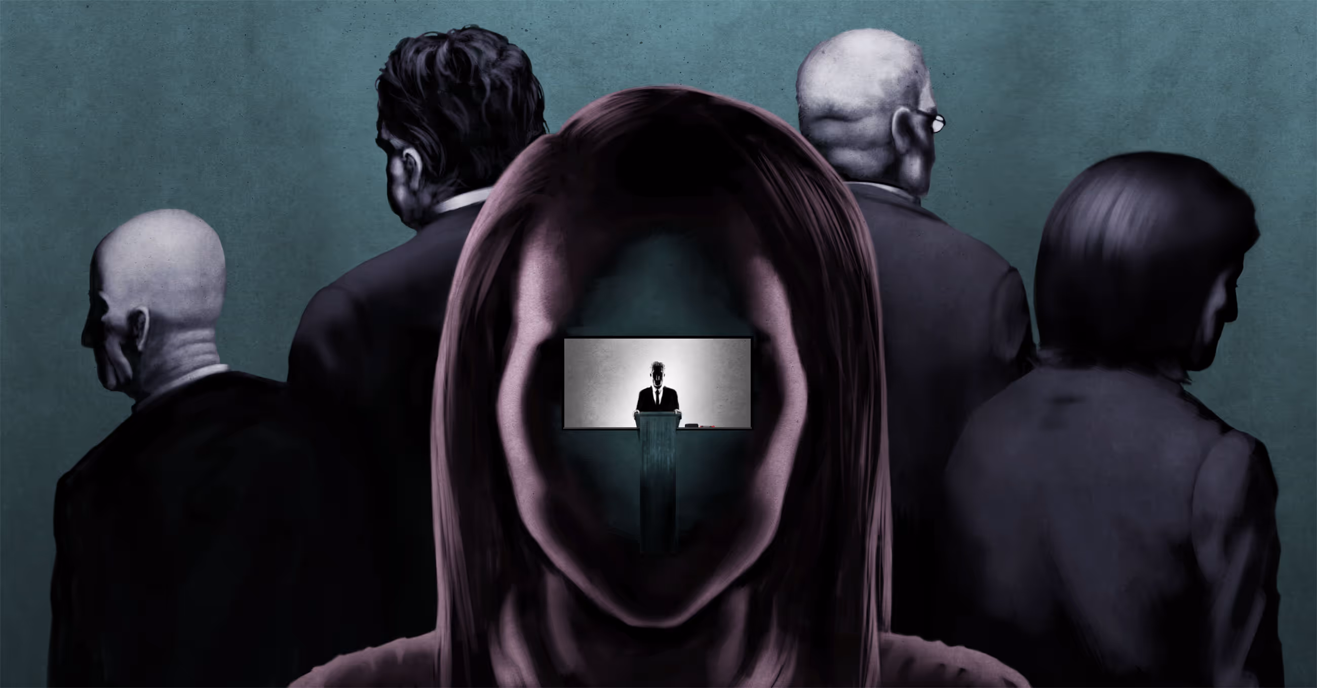 Editorial illustration of a woman, a shadowy instructor blocking her face, and older administrators turning their backs.