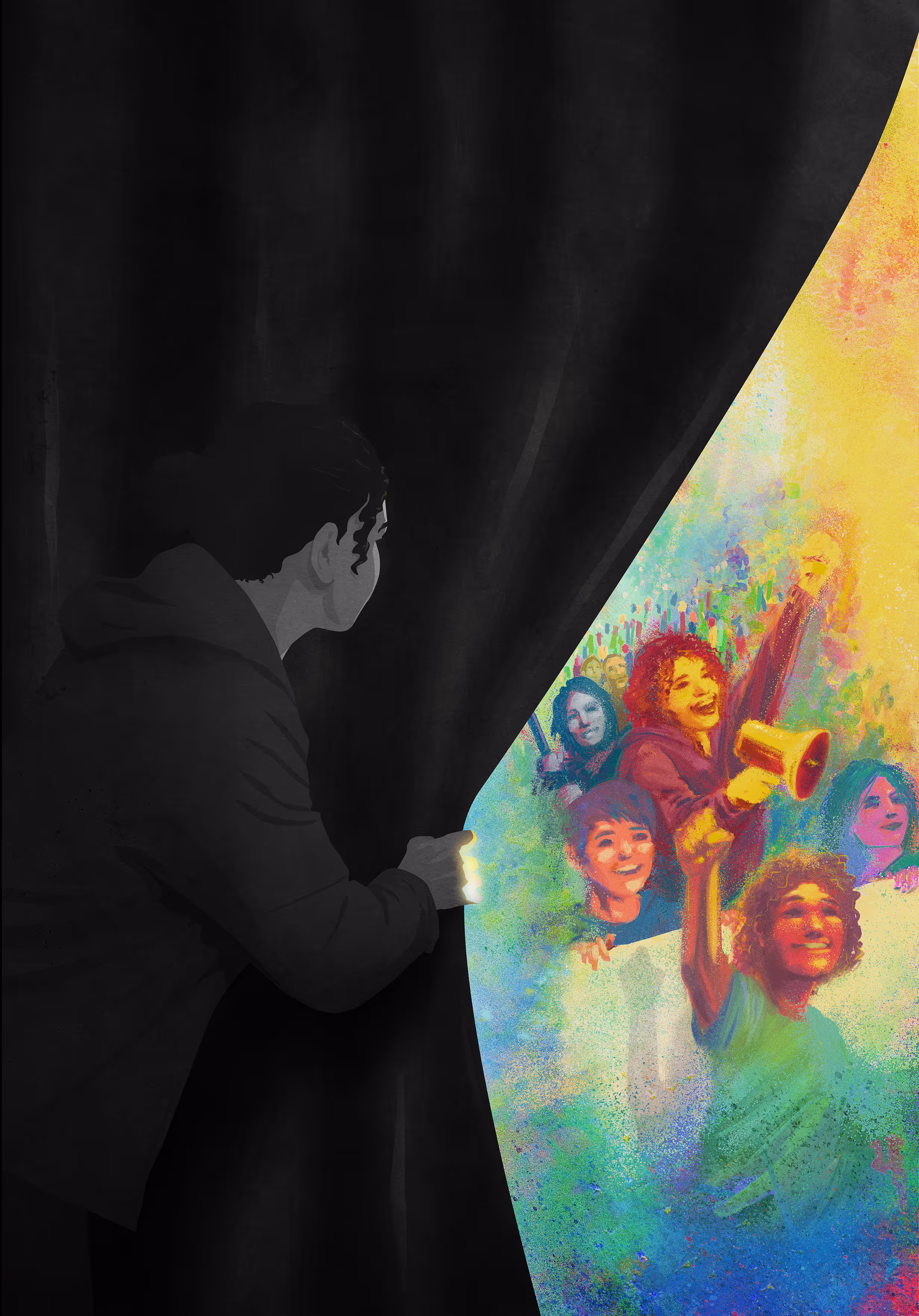 Editorial illustration of a grayscale woman pulling a curtain away to reveal a colorful march with happy people.