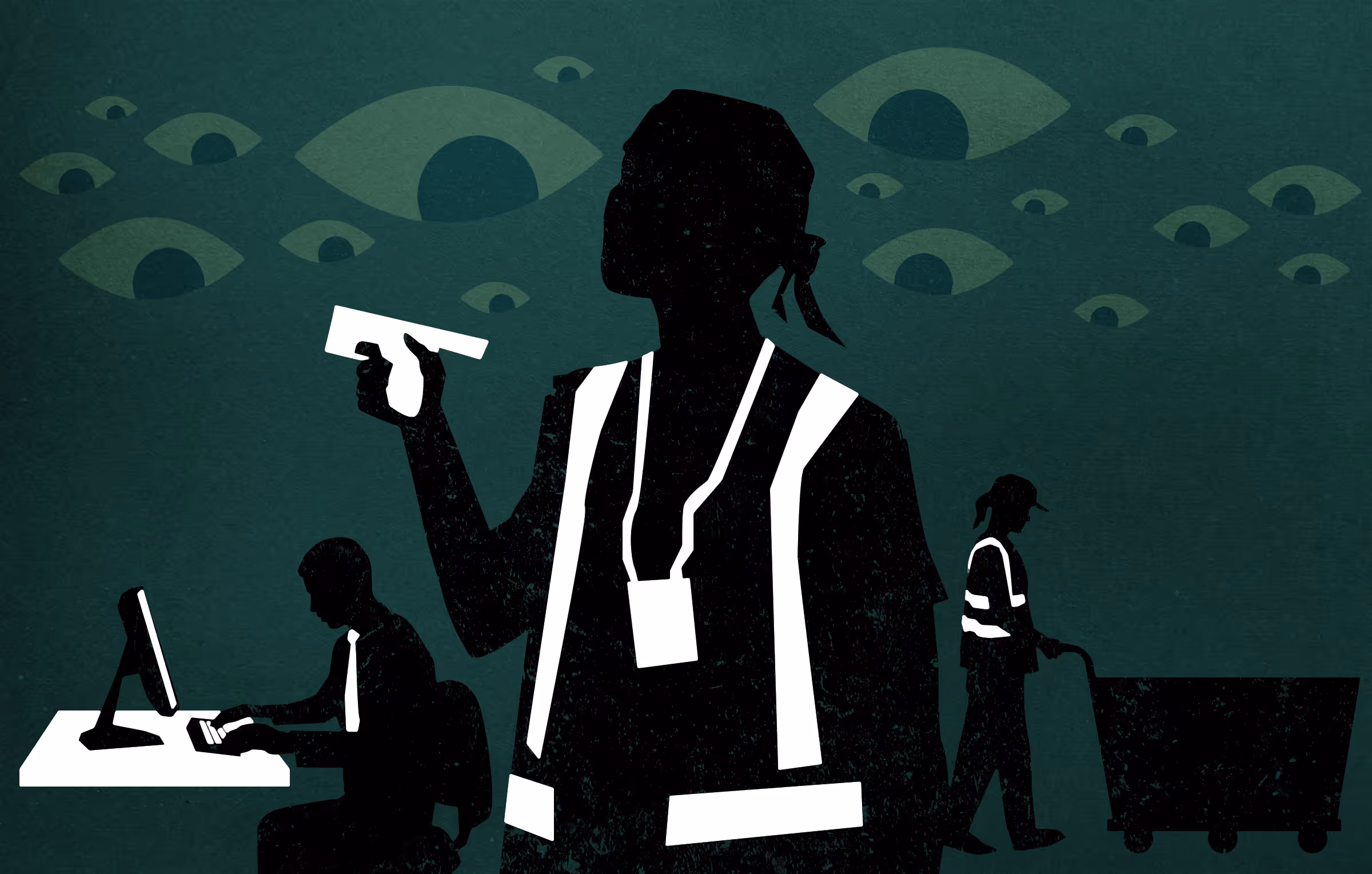 Editorial illustration of workers laboring under the surveillance of eyes