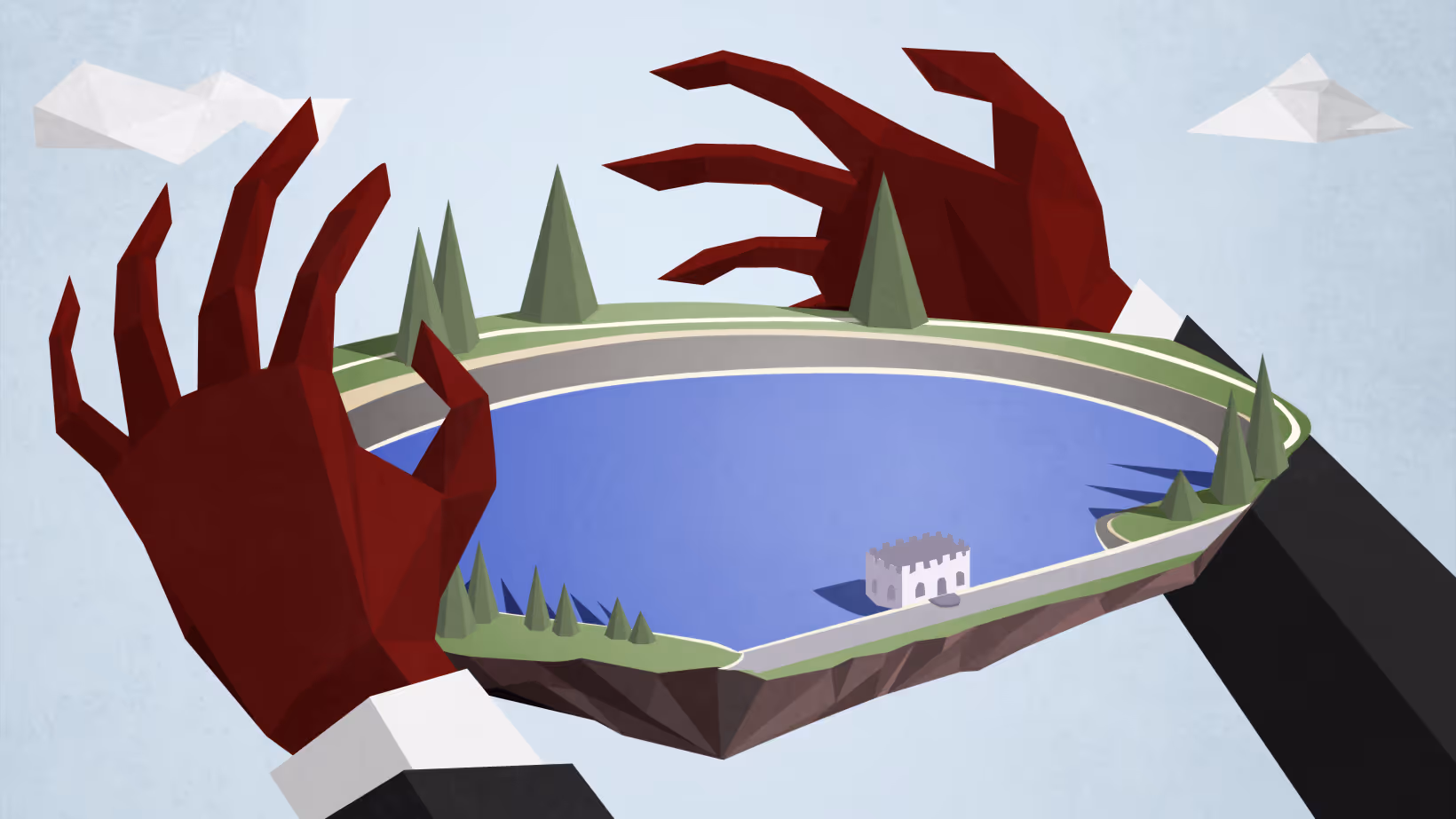 Editorial illustration of businessman hands reaching to claim a water reservoir.