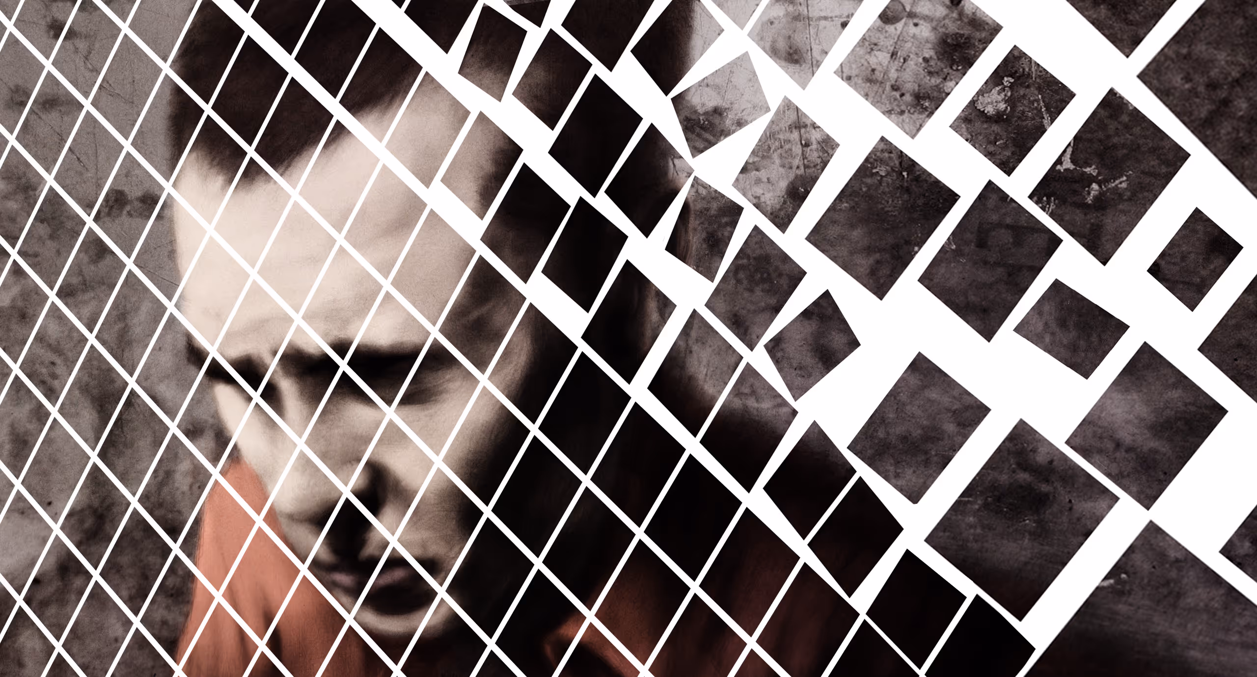 Editorial illustration of a distressed male prisoner, the image falling apart into uneven square pieces
