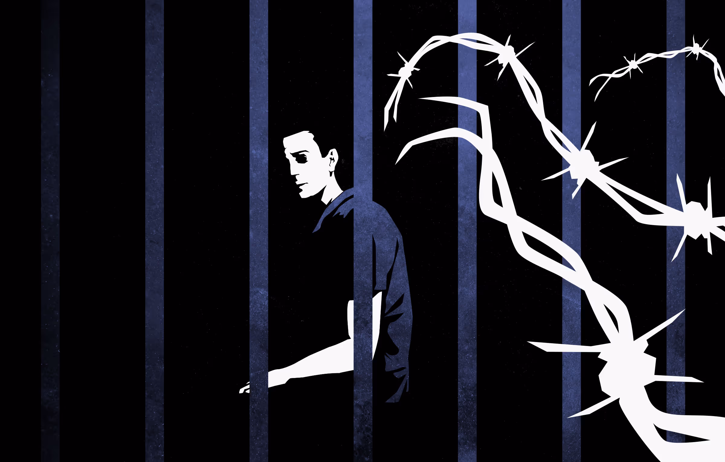 Editorial illustration of a prisoner with barbed wire tendrils reaching out for him ominously.