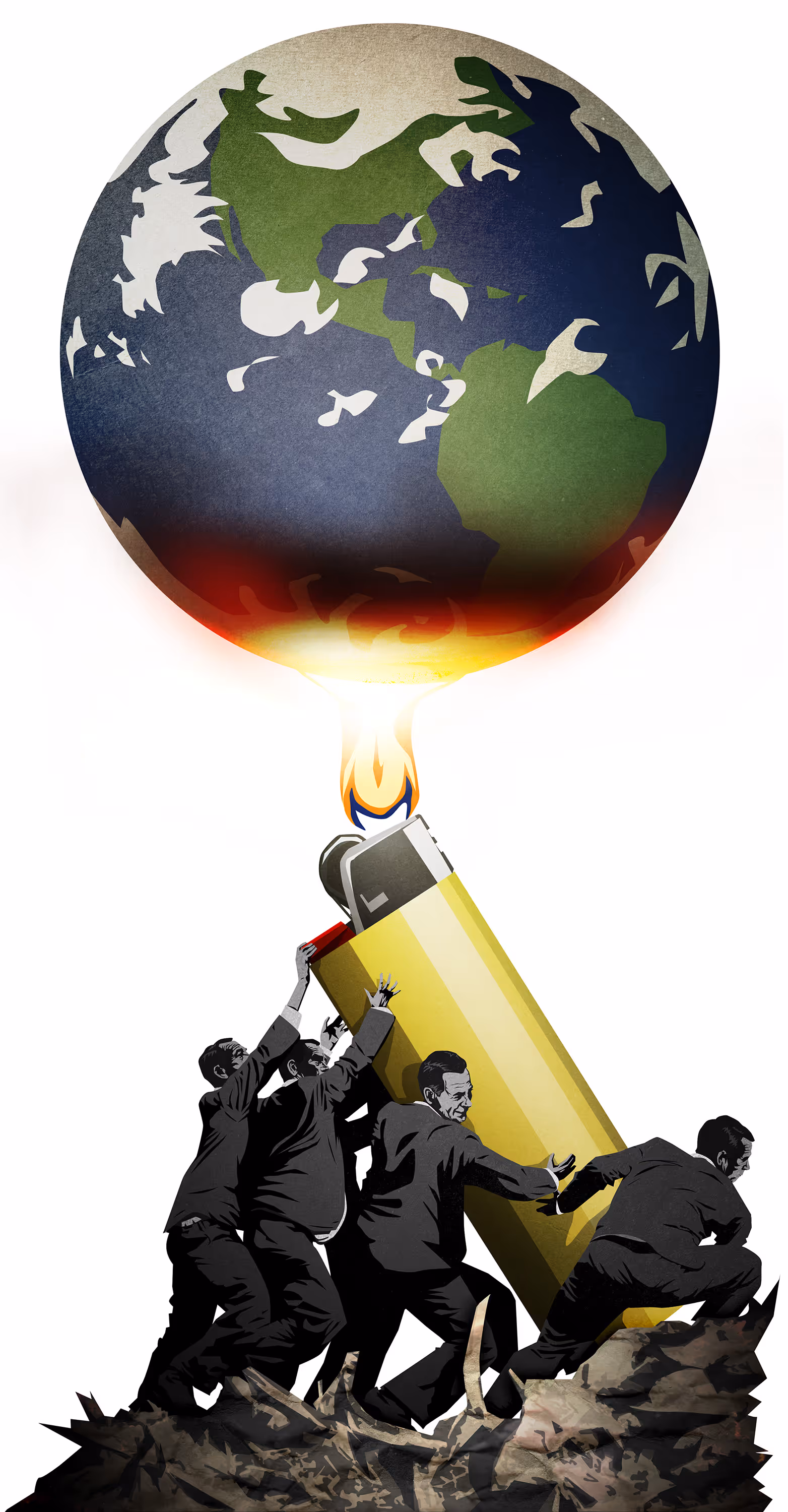 Editorial illustration of a group of businessmen taking a giant lighter to the Earth, modeled after Iwo Jima memorial statue.